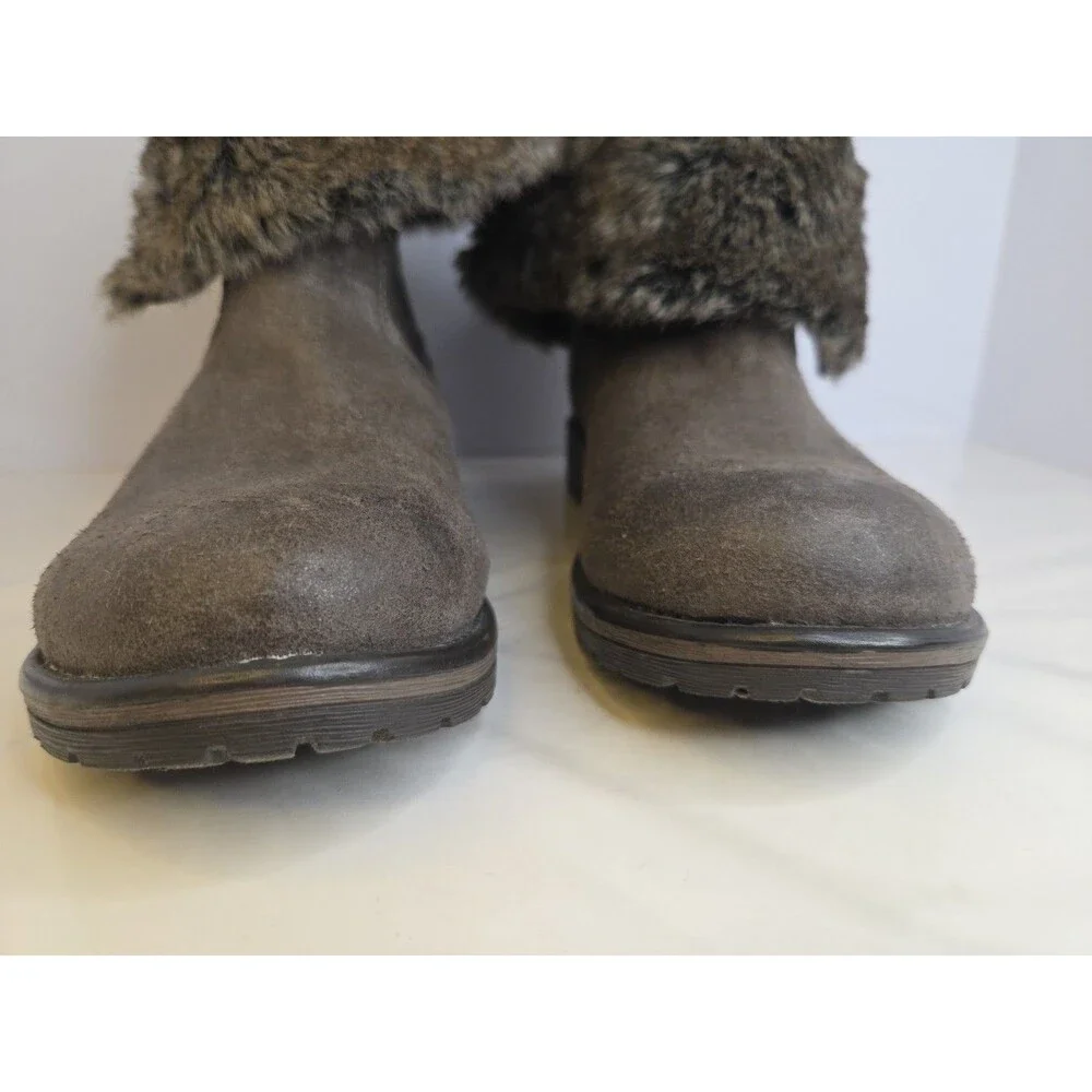Candie's Cahoot Gray Boots Brown Faux Rabbit Fur Lined Fold Down Cuff Snaps 9.5